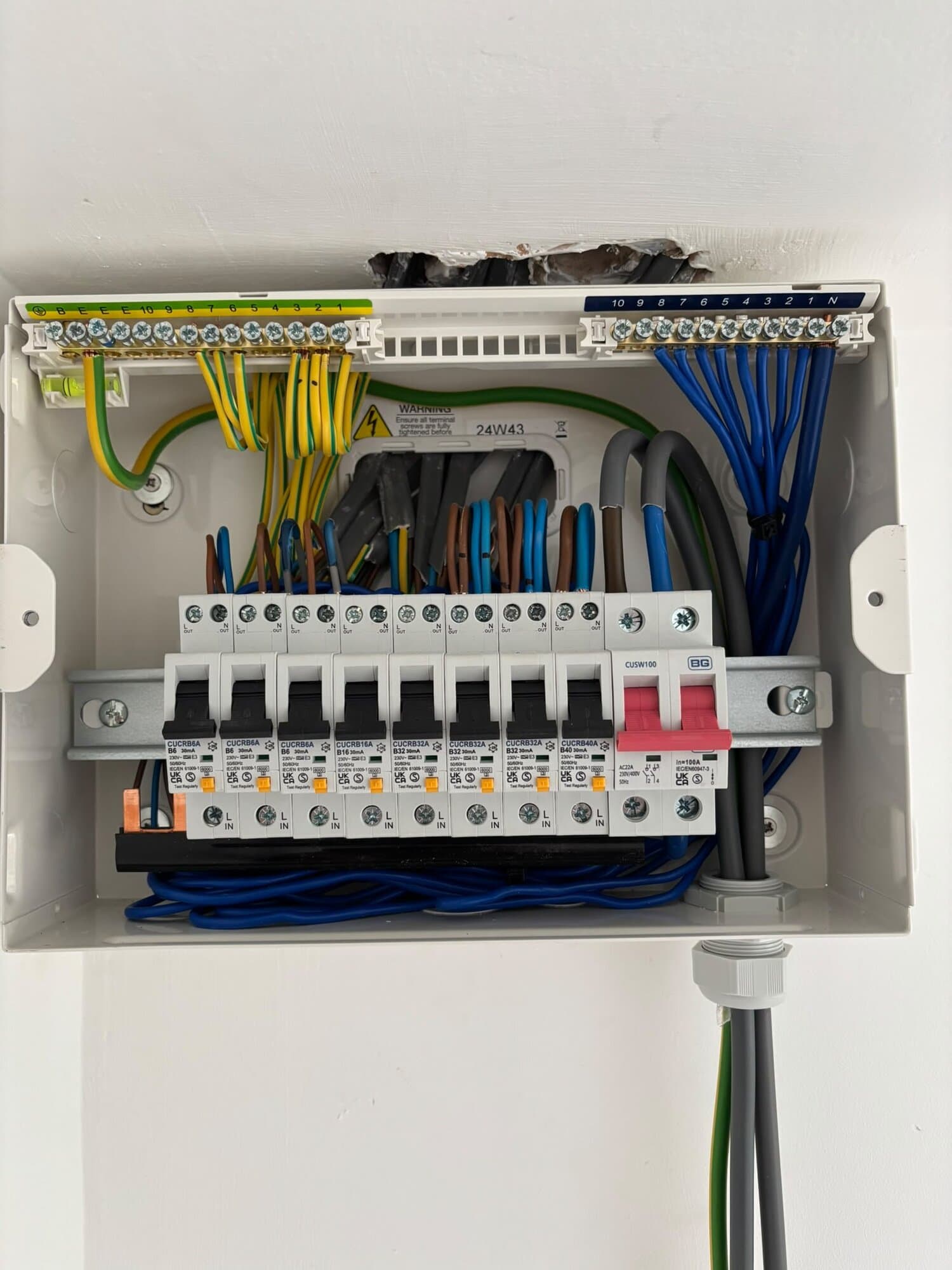 New consumer unit with every circuit protected, wired neatly and ready for labelling